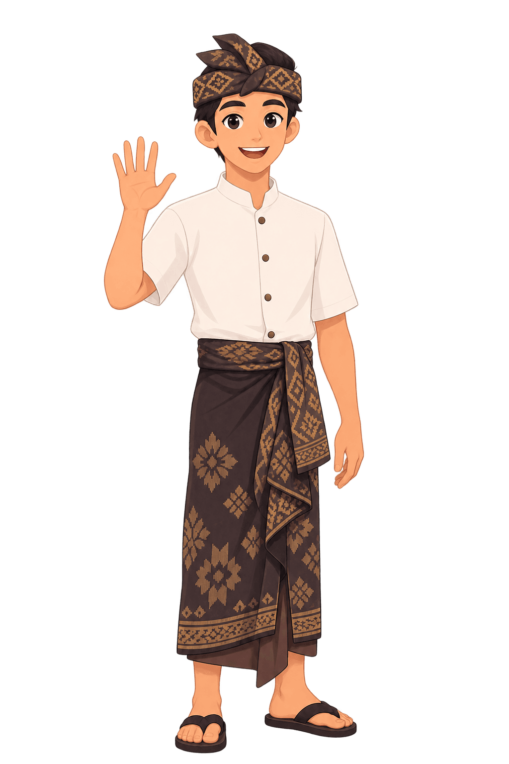 An illustrated young Balinese man in an udeng headband and sarong, waving hello.