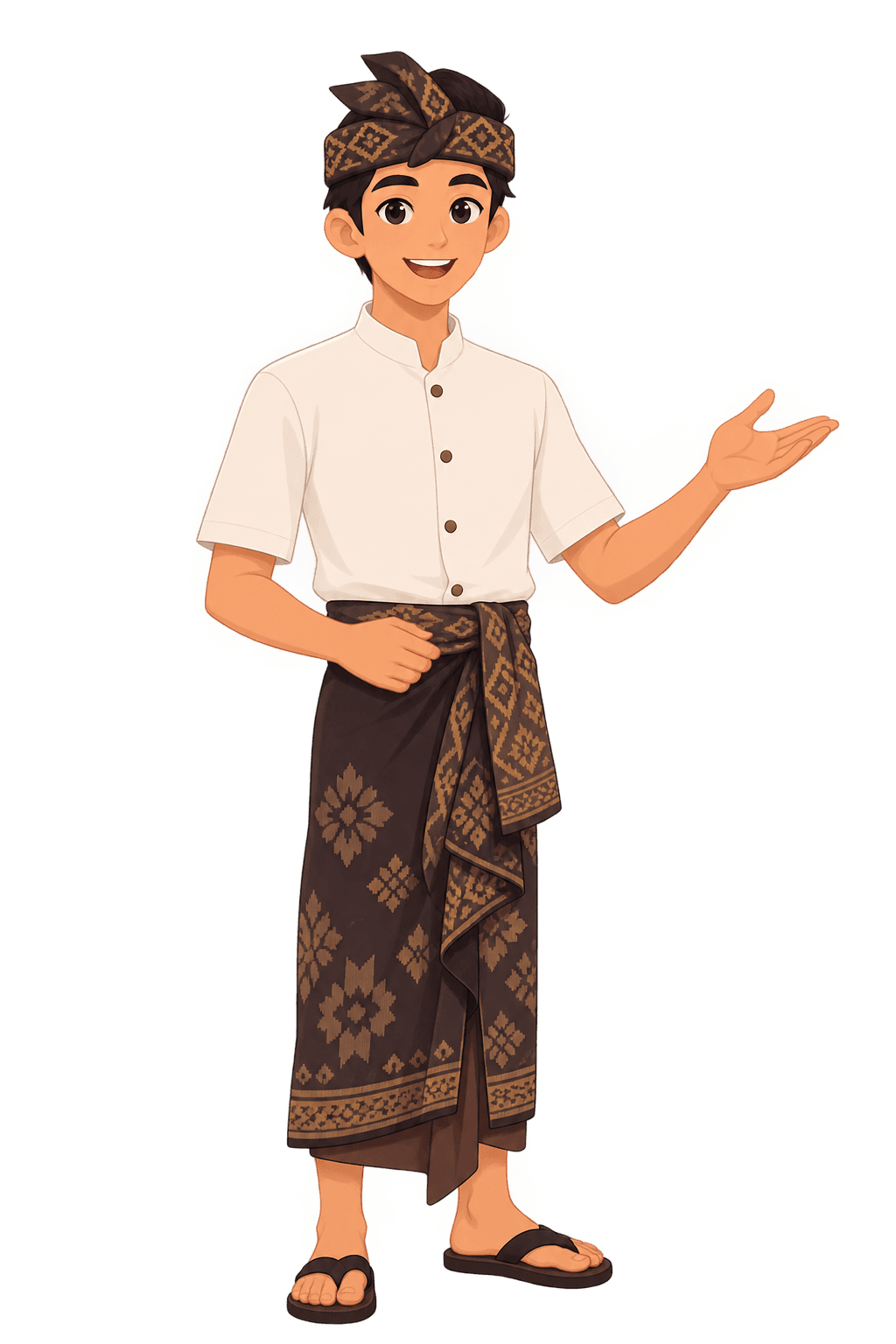 An illustrated young Balinese man smiling with one hand held out, mid-conversation.