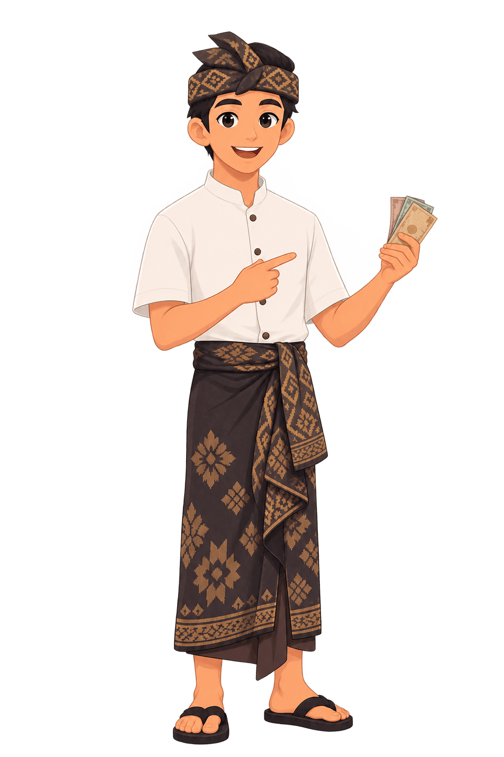 An illustrated young Balinese man holding up rupiah notes and pointing at them.